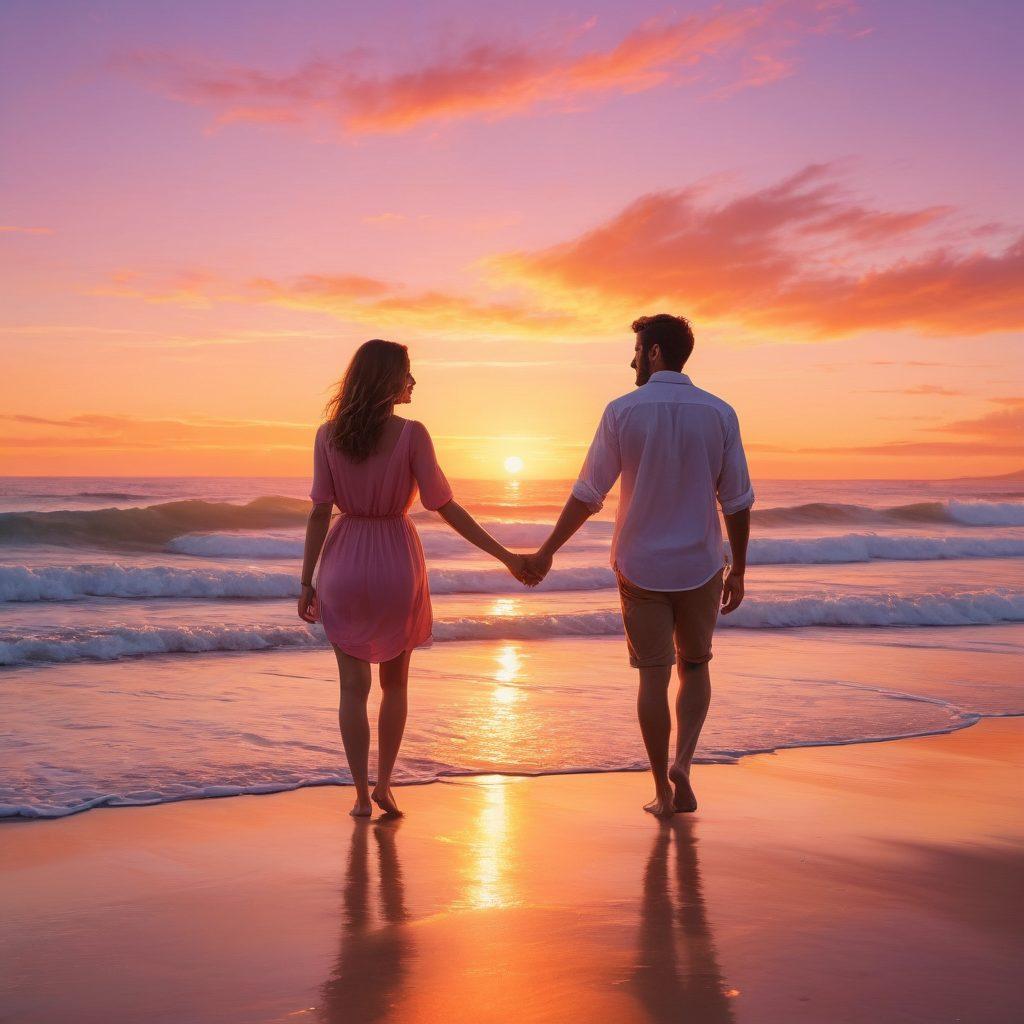 A couple gently holding hands while walking along a serene beach at sunset, with soft waves lapping at their feet. Surround them with warm tones of orange and pink in the sky, symbolizing love and emotional connection. In the background, include a tranquil horizon blending into a peaceful ocean, representing the journey of intimacy and wellbeing. Emphasize emotional warmth and support in their expressions. super-realistic. vibrant colors. soft focus.