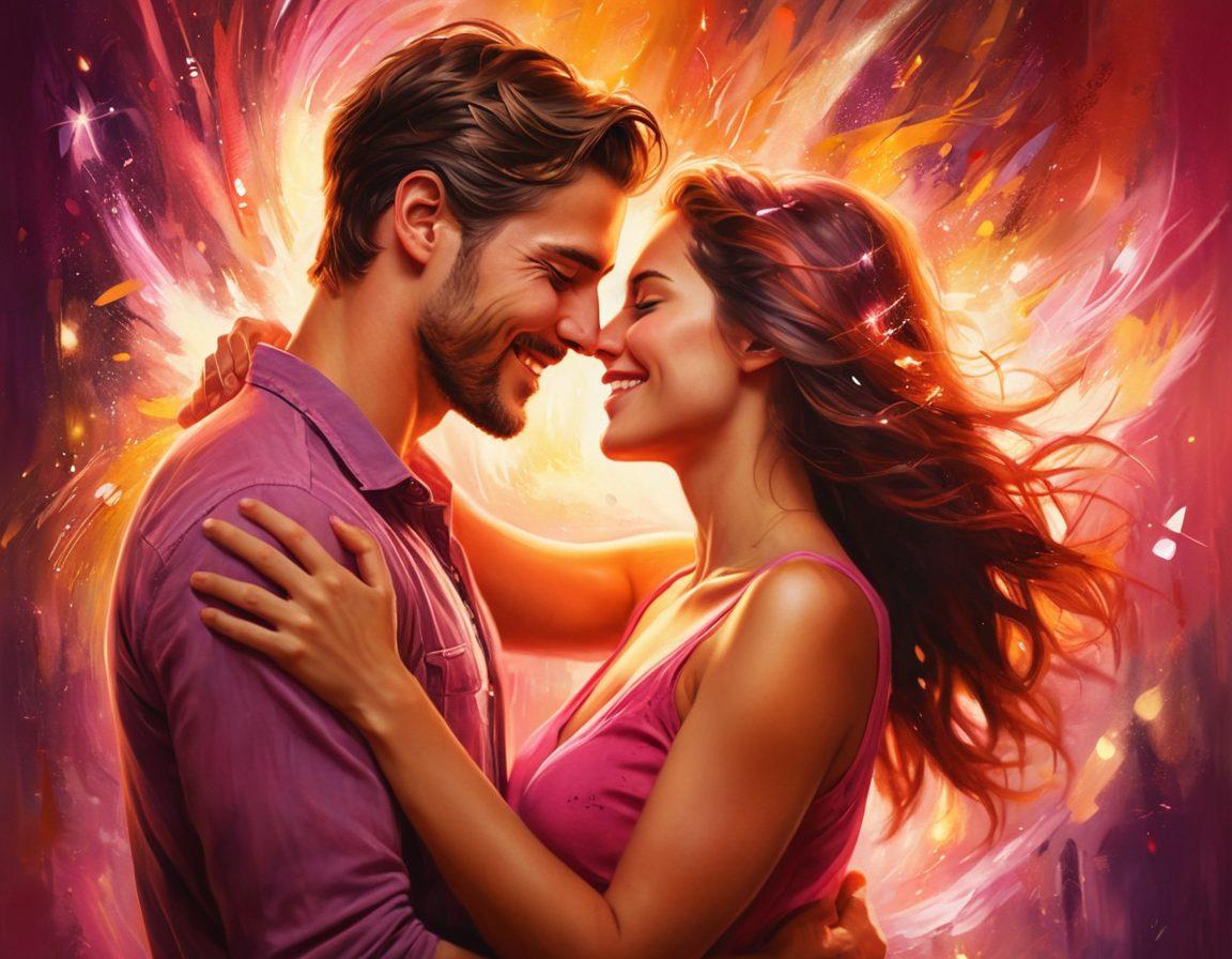 A vibrant, warm-toned scene depicting two people sharing a joyful moment, surrounded by glowing sparks that symbolize passion. The background features abstract shapes that represent affection, blending soft pinks, reds, and yellows. The characters are diverse, showcasing connection and intimacy, while their expressions radiate happiness and love. swirling energy patterns around them enhance the theme of igniting passion in relationships. super-realistic. vibrant colors. soft focus.