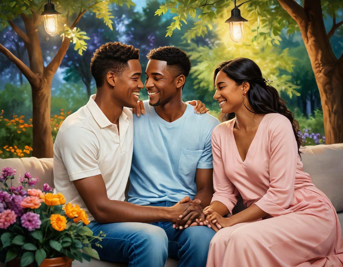 A heartwarming scene of diverse couples, depicted in a cozy environment, sharing smiles and engaging in supportive conversations. Include soft lighting that creates an intimate atmosphere, and subtle symbols of resilience, like blossoming flowers or sturdy trees in the background. Emphasize the emotional connection and warmth between them while showcasing the theme of interfil support. vibrant colors. soft focus. painting.